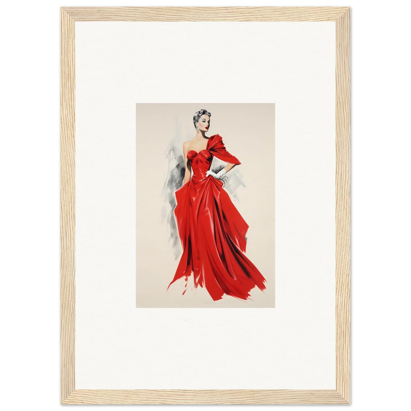 Fashion illustration of a flowing red evening gown from Velvet Mirage special edition art™