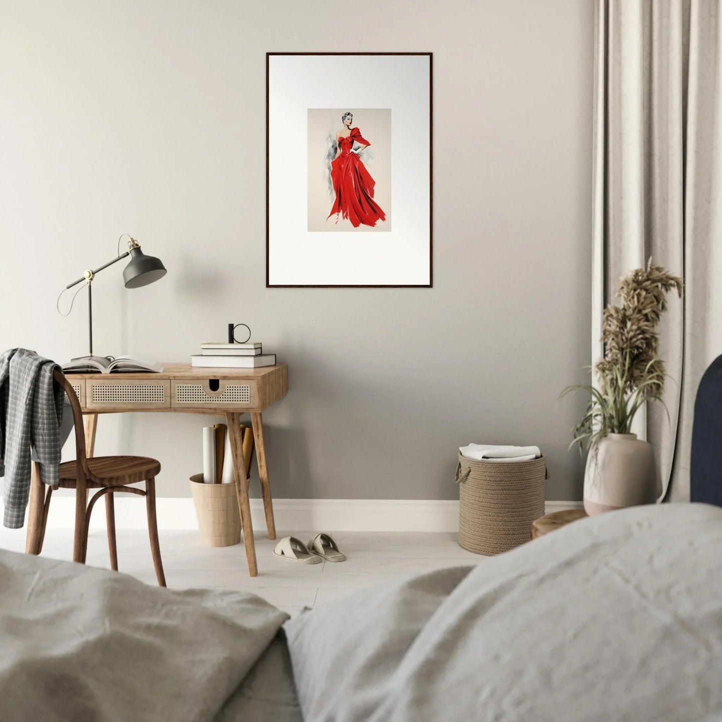 Framed Velvet Mirage artwork of a figure in a flowing red dress, special edition art