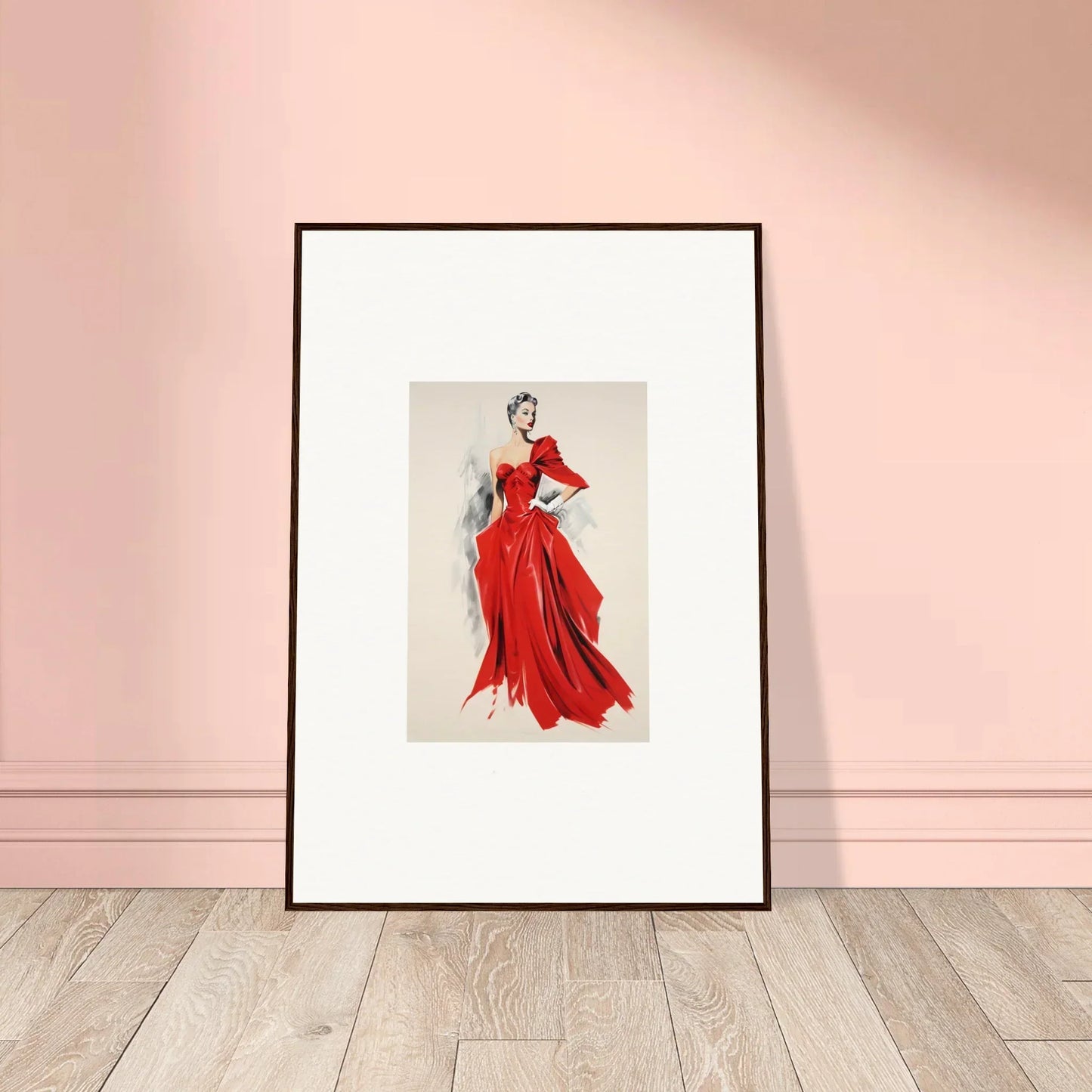 Framed fashion illustration of a flowing red gown from Velvet Mirage special edition art