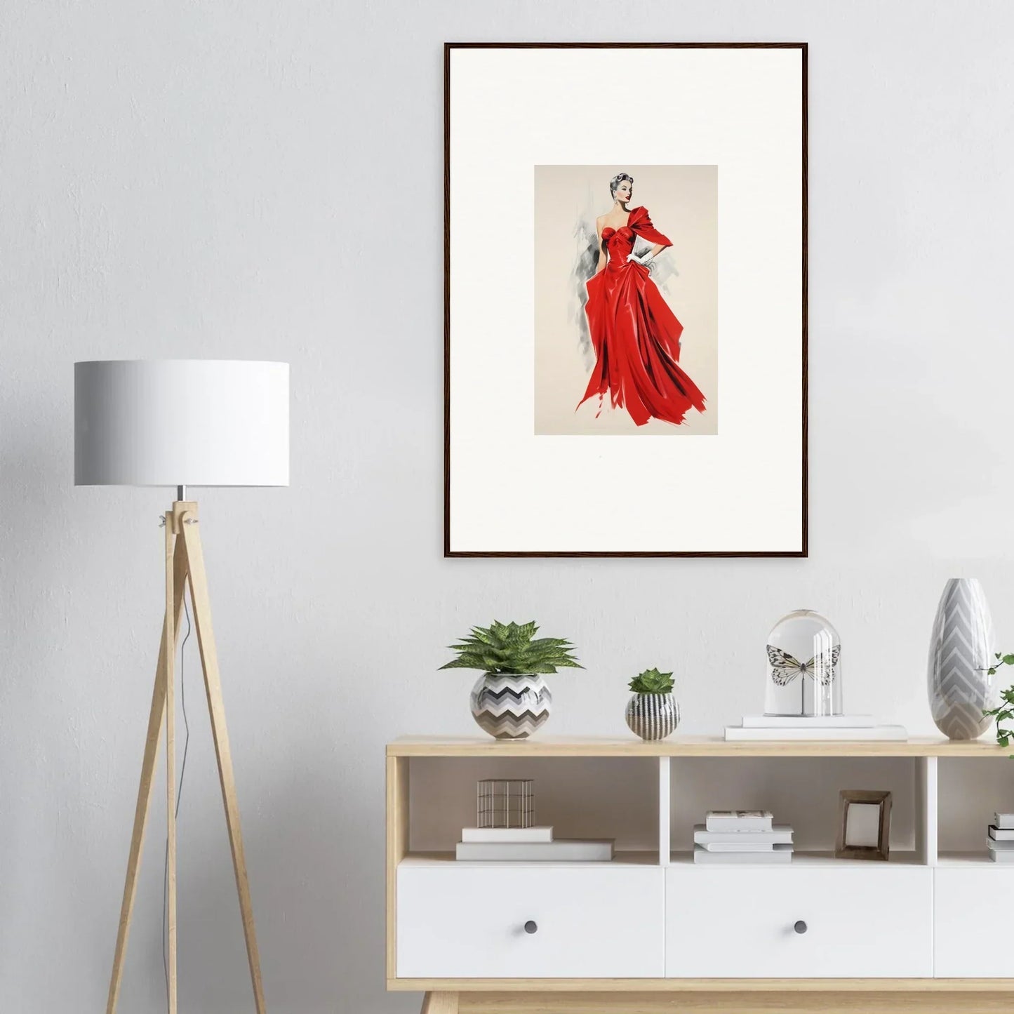 Framed fashion illustration of a flowing red evening gown from Velvet Mirage special edition art™