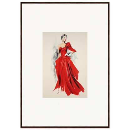 Fashion illustration of a flowing red evening gown from Velvet Mirage special edition art