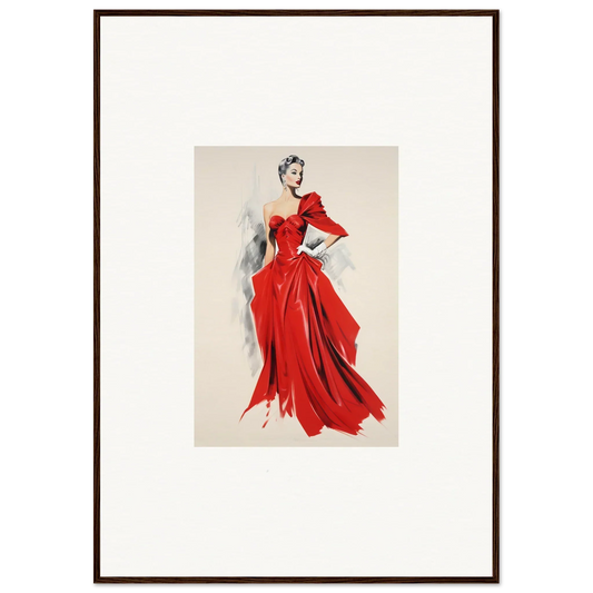 Fashion illustration of a flowing red evening gown from Velvet Mirage special edition art