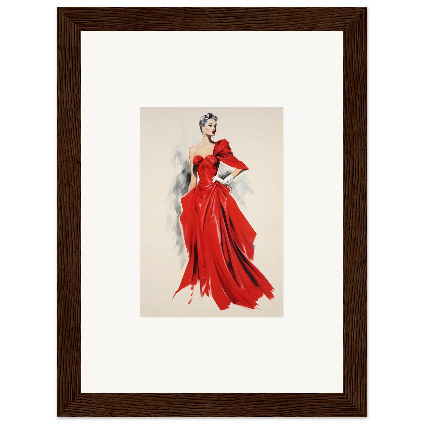 Fashion illustration of a flowing red gown with sleeves, part of Velvet Mirage special edition art