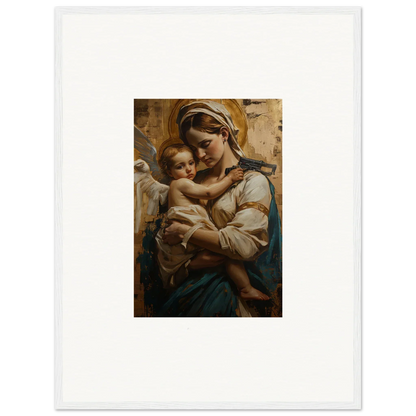 Woman lovingly holding a baby in a cozy canvas print for lovely room decoration