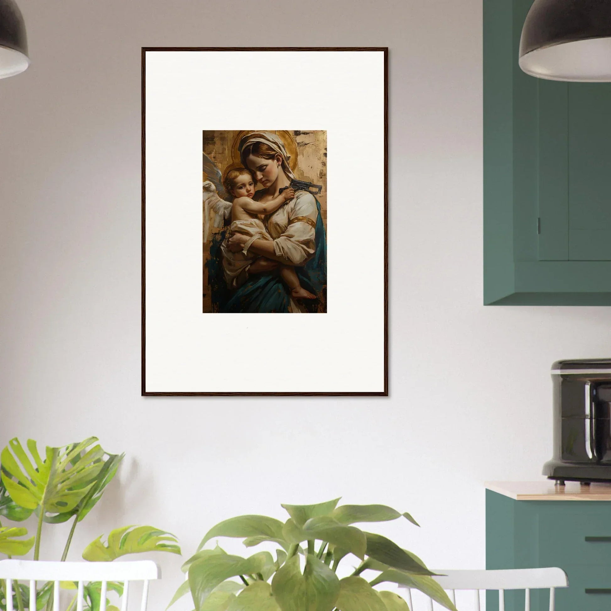 Framed wall art of a woman holding a baby, perfect for room decoration