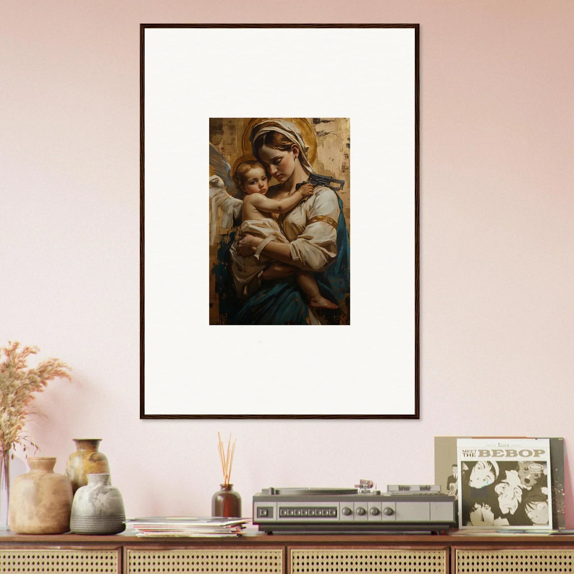 Framed canvas print of a woman holding a baby, perfect for room decoration wall art