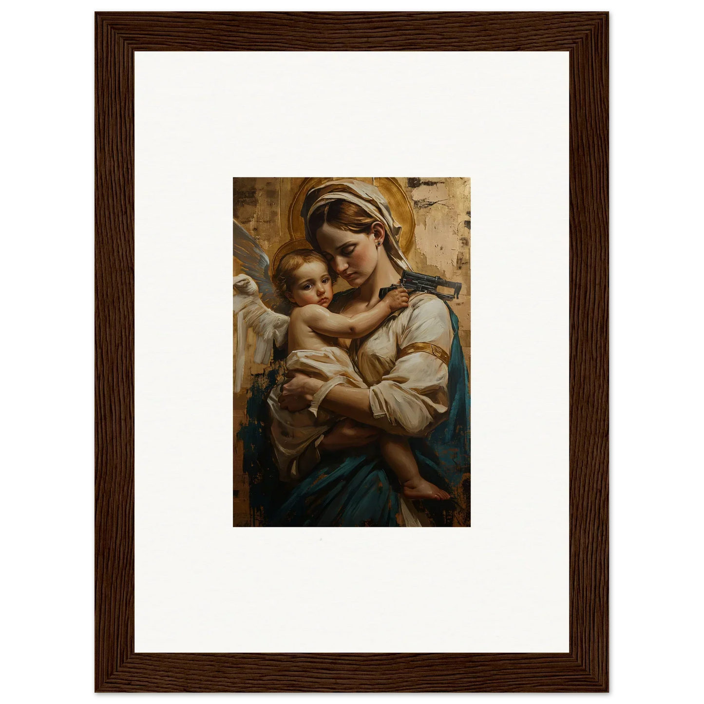 Framed wall art of a woman holding a baby perfect for cozy room decoration