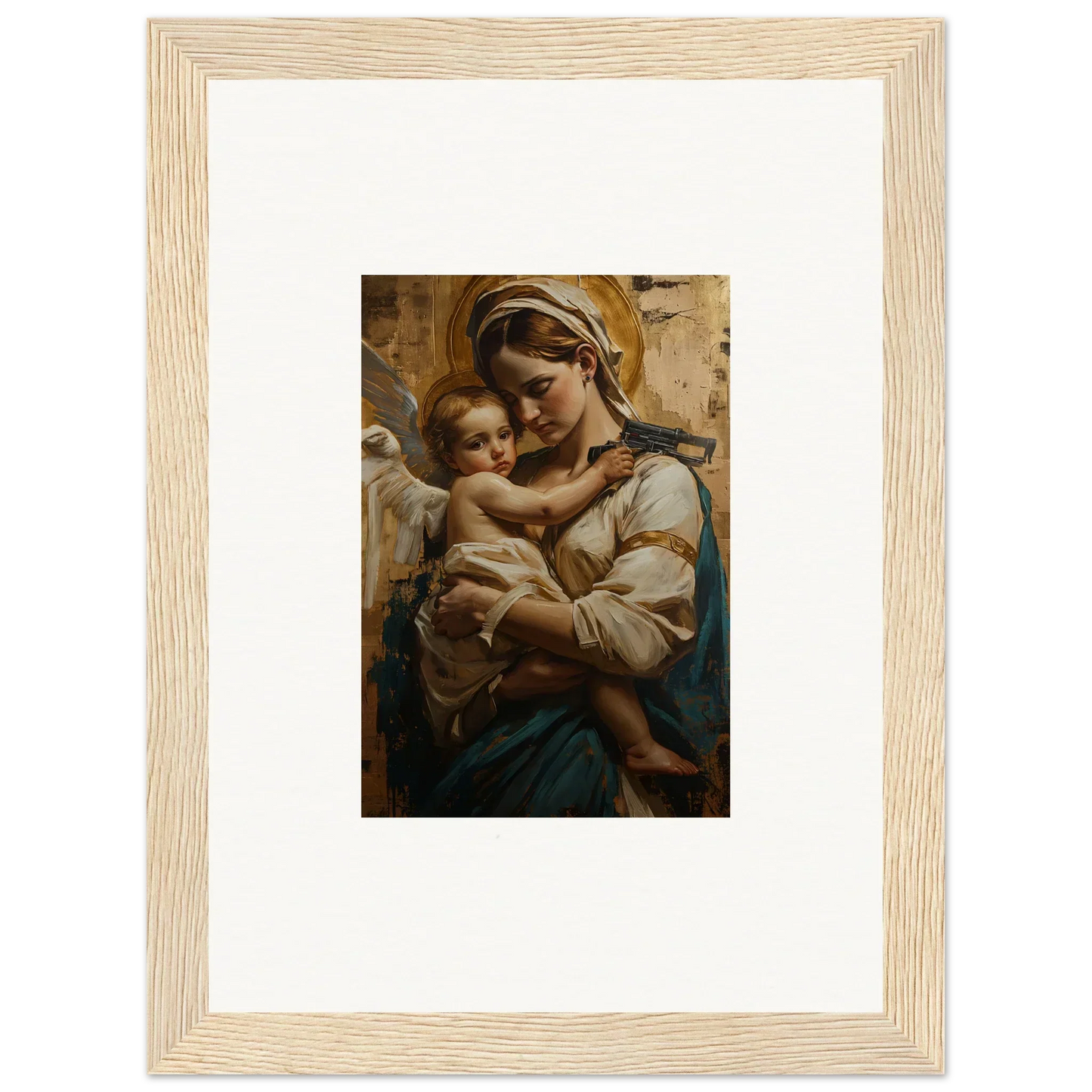 Framed canvas print of a woman holding a baby, perfect for room decoration wall art