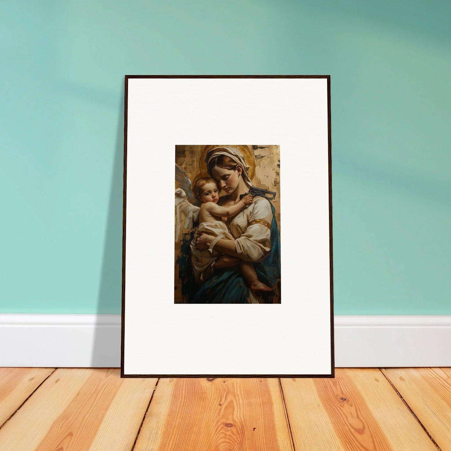 Framed canvas print of a woman holding a baby, perfect for room decoration