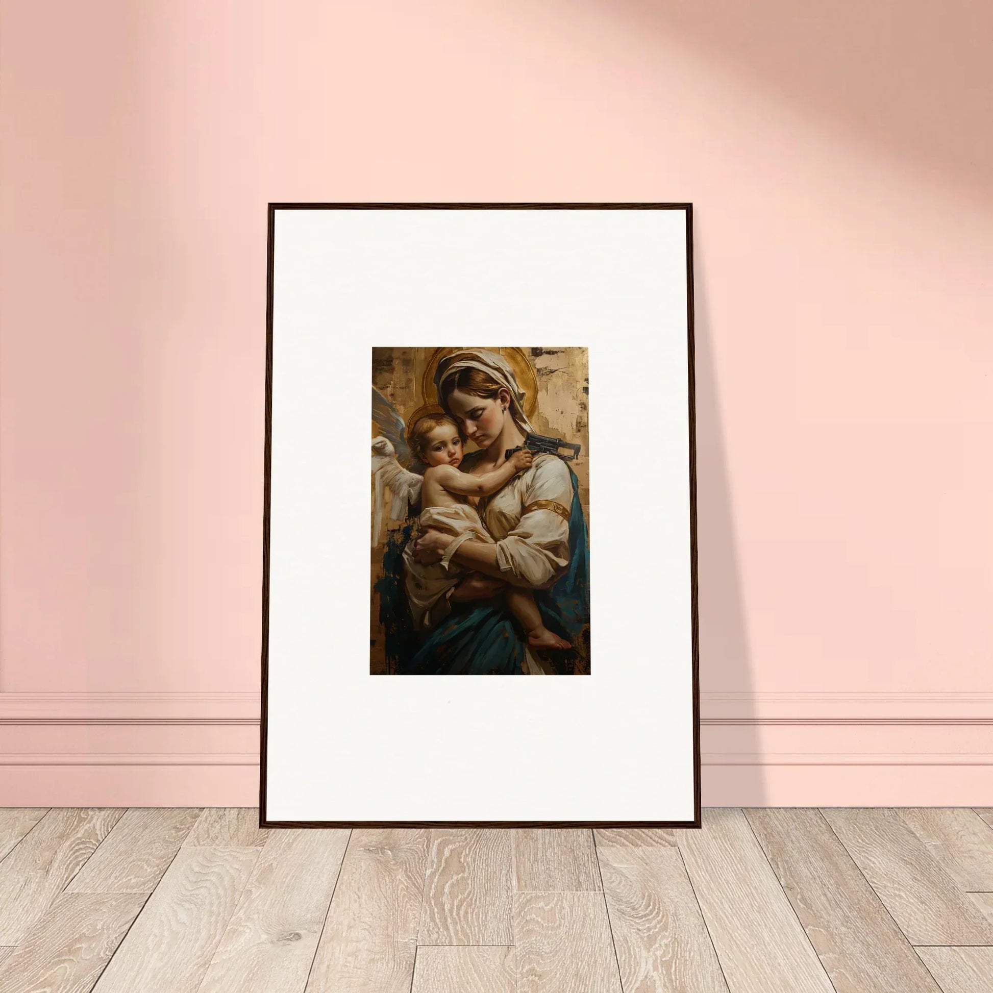 Framed wall art of a woman holding a baby, perfect for room decoration