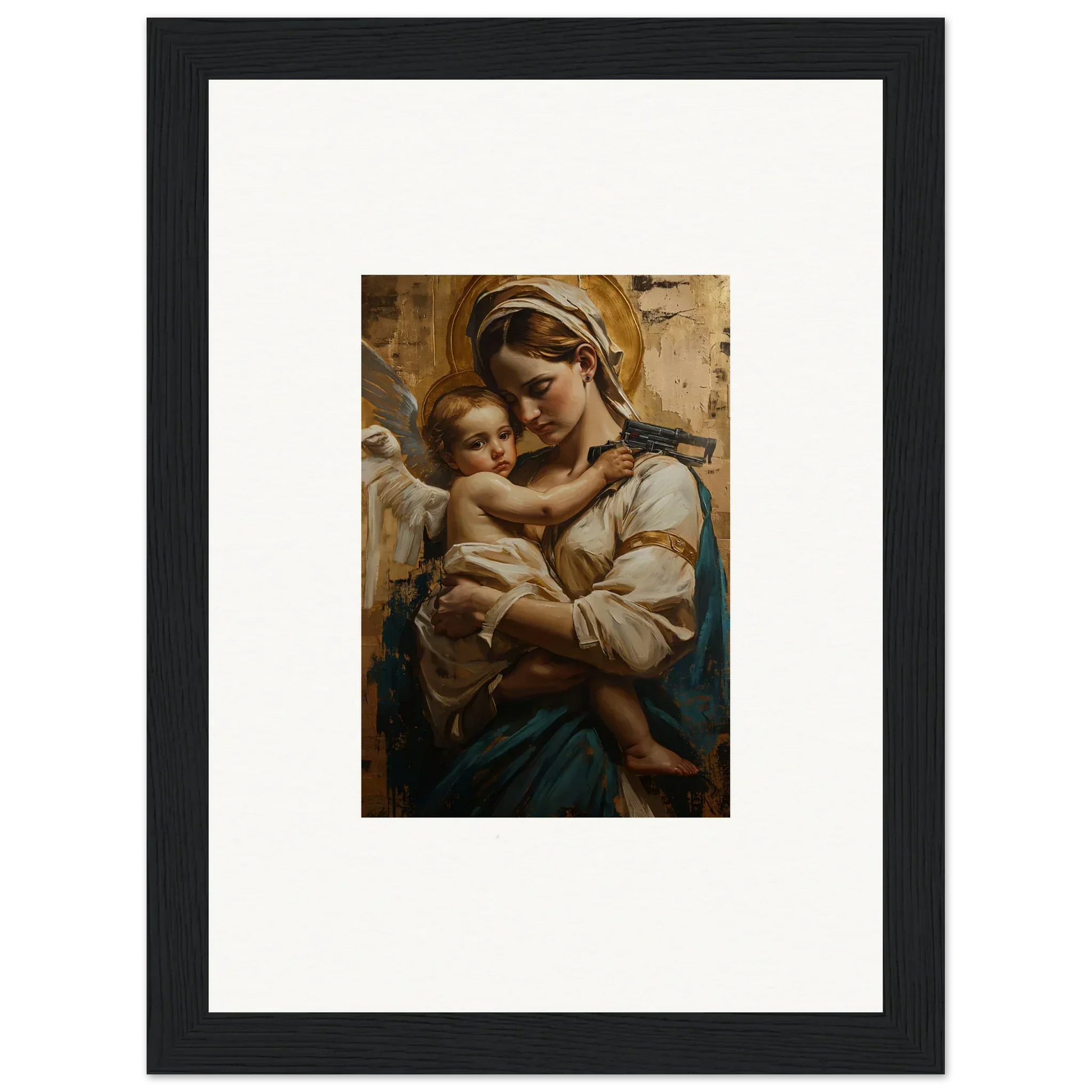 Framed canvas print of a woman holding a baby, perfect for room decoration wall art