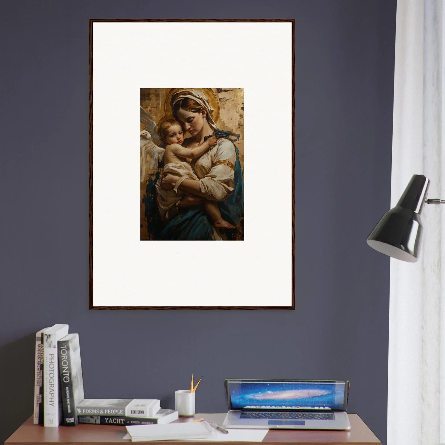 Framed wall art of a woman with a baby, perfect for cozy room decoration