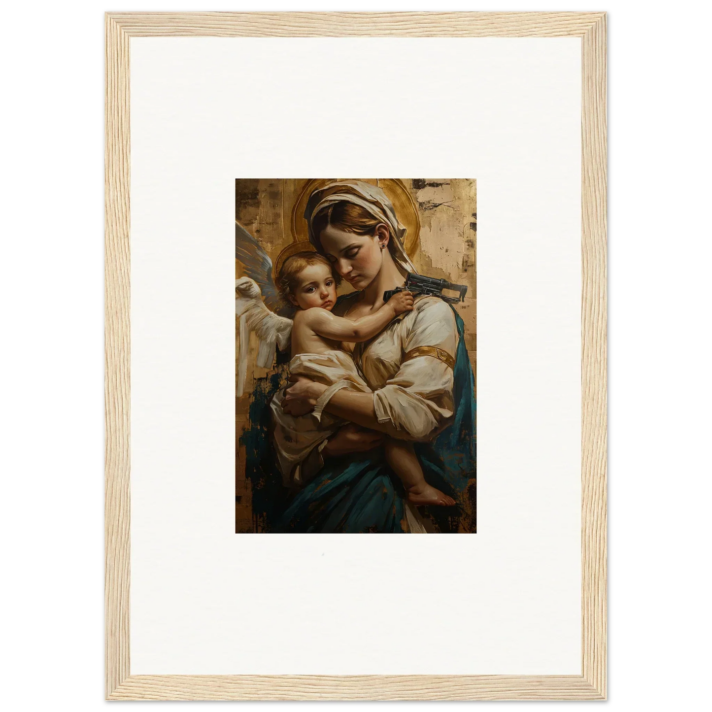 Framed wall art of a woman holding a baby, perfect for room decoration or canvas print