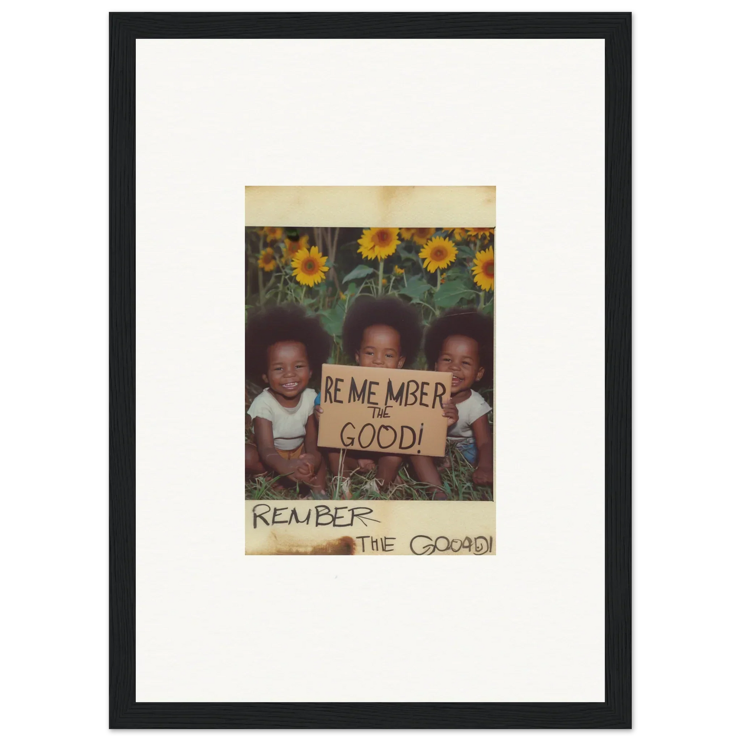 Framed vintage photo of kids with Remember the Good sign, perfect for a sun serenade room decoration