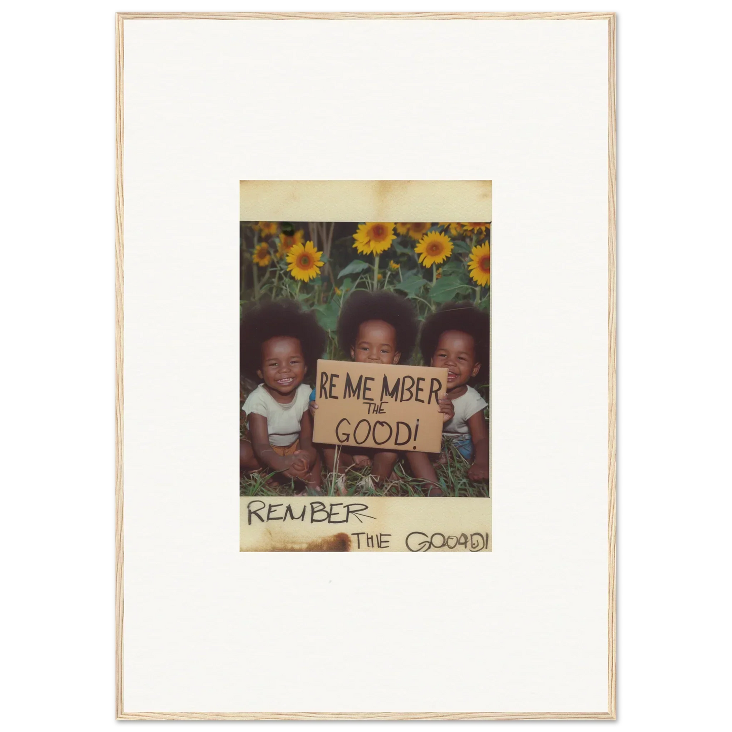 Framed photo of kids with Remember the Good sign in sunflowers for room decoration