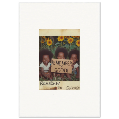 Vintage photo of kids with a sign in sunflowers, perfect for Sun Serenade room decoration