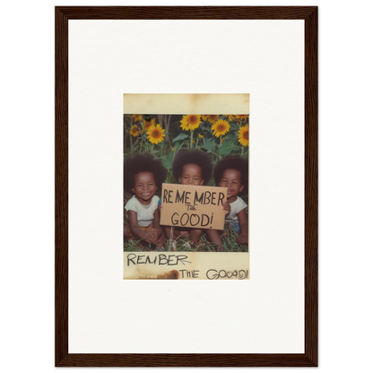 Framed vintage photo of kids with Remember the Good sign, perfect for Sun Serenade room decoration