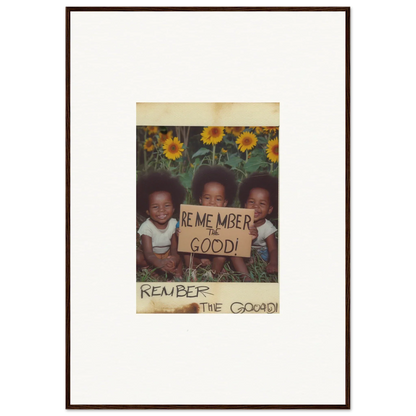 Framed photo of kids with Remember the Good sign, perfect for Sun Serenade room decoration