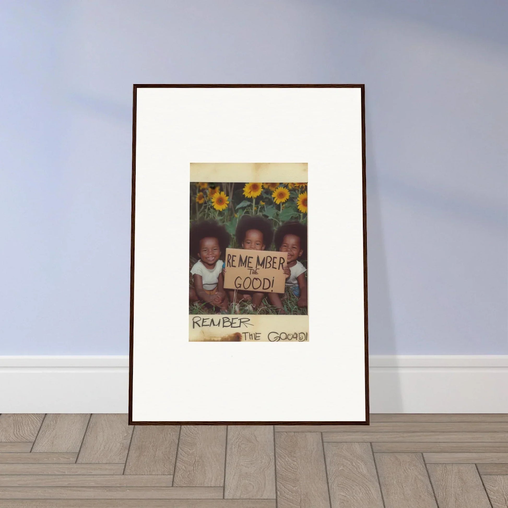 Framed photo of kids with a sunflower sign for a cheerful room decoration in Sun Serenade