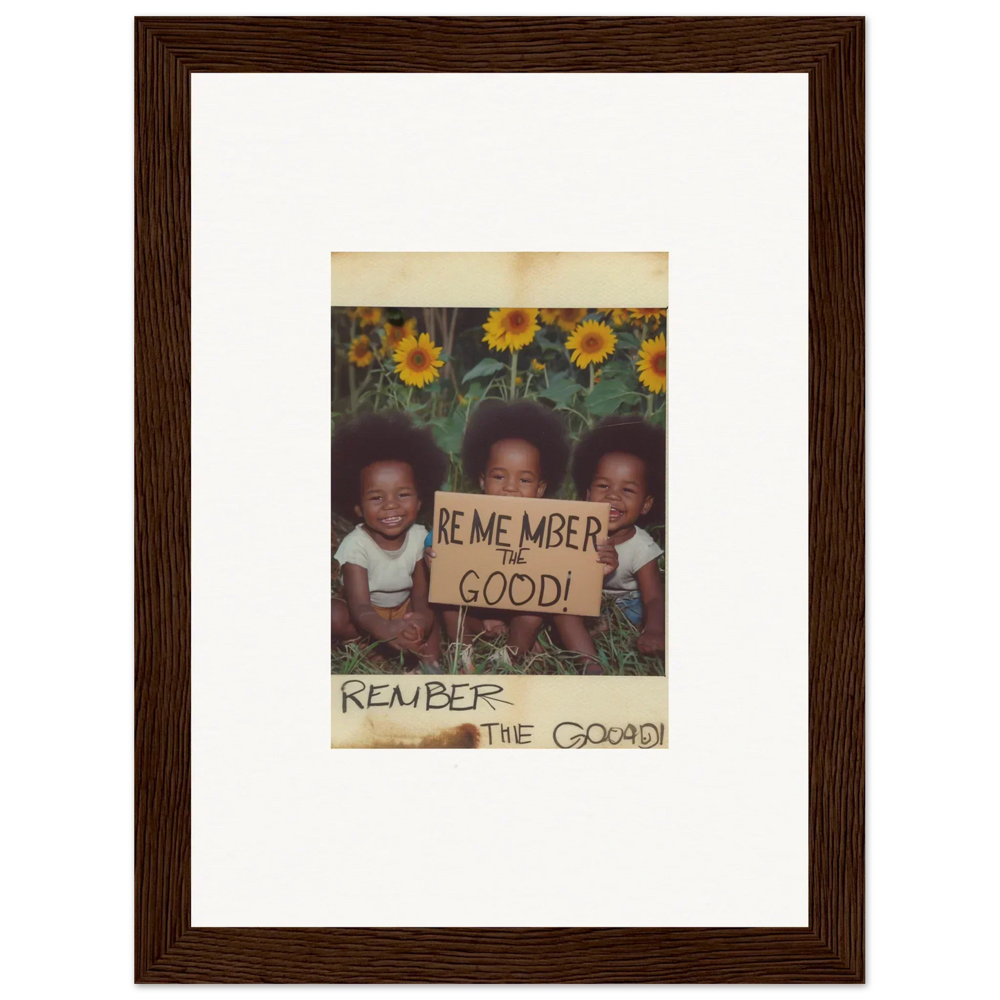 Framed vintage photo of kids with a sign, perfect for sun serenade room decoration