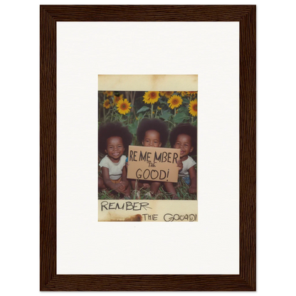 Framed vintage photo of kids with a sign, perfect for sun serenade room decoration