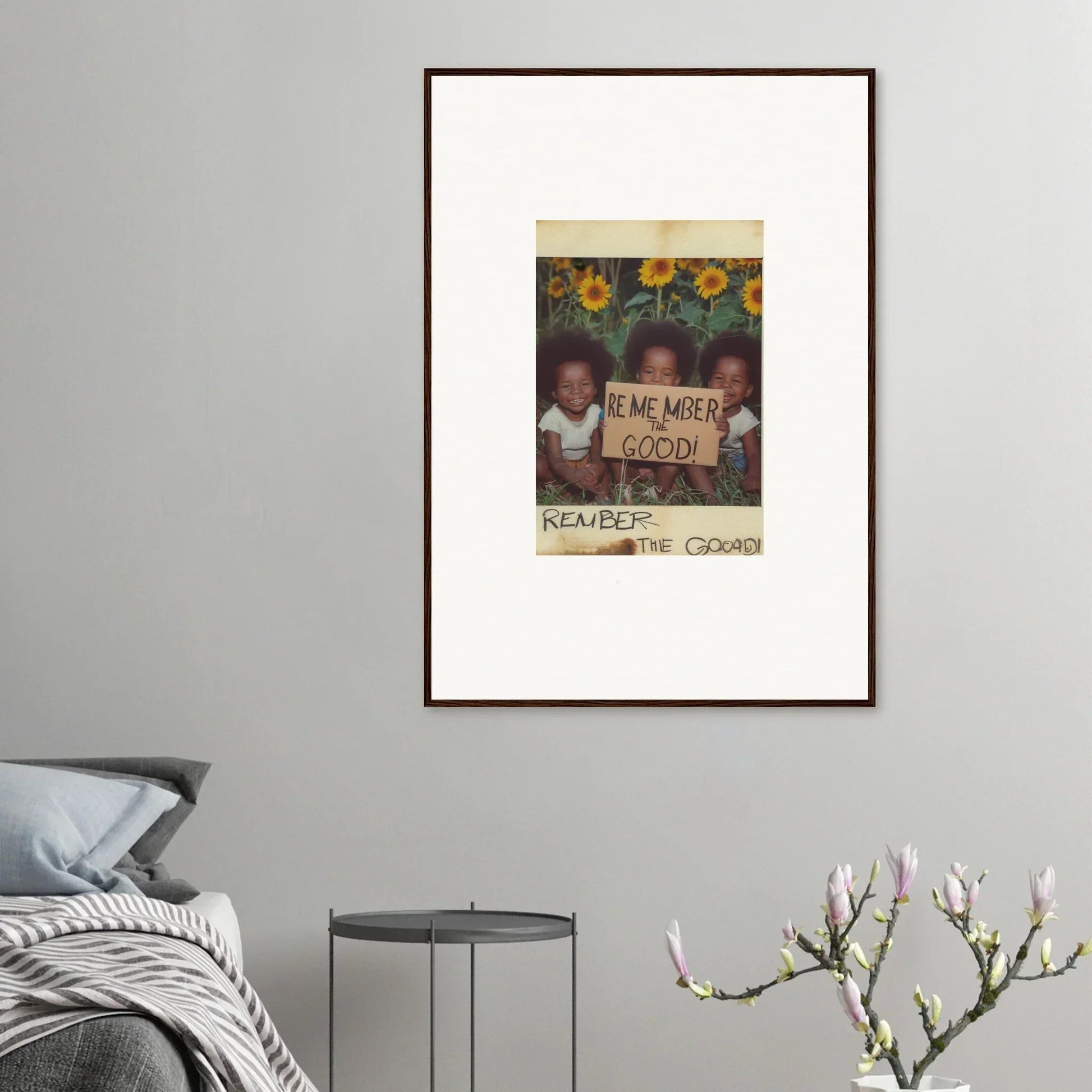 Framed photo of kids with Remember Good sign, perfect for Velvet Sun Serenade room decoration