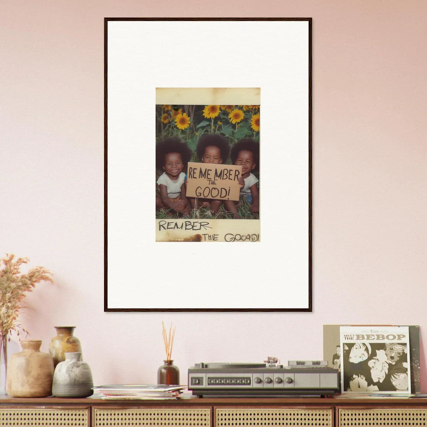 Framed photo of kids with Remember the Good sign for a cozy room decoration vibe