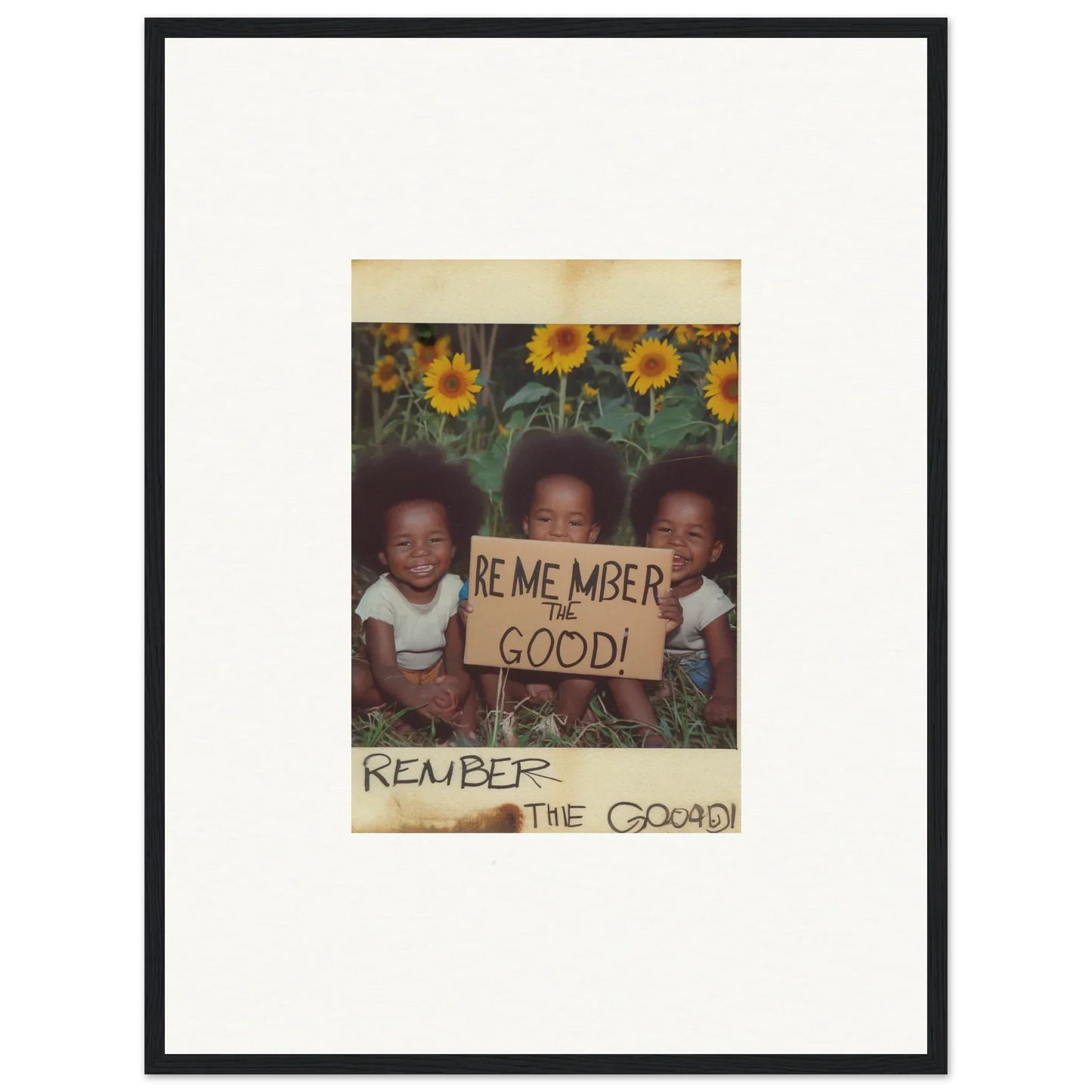 Framed photo of kids with Remember the Good sign, perfect for a Velvet Sun Serenade room decoration