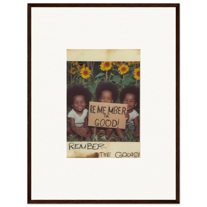 Three kids with a sign saying Remember the Good against sunflowers in a cozy room decoration