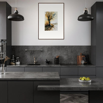 Modern kitchen with dark gray cabinetry featuring stylish wall art canvas print