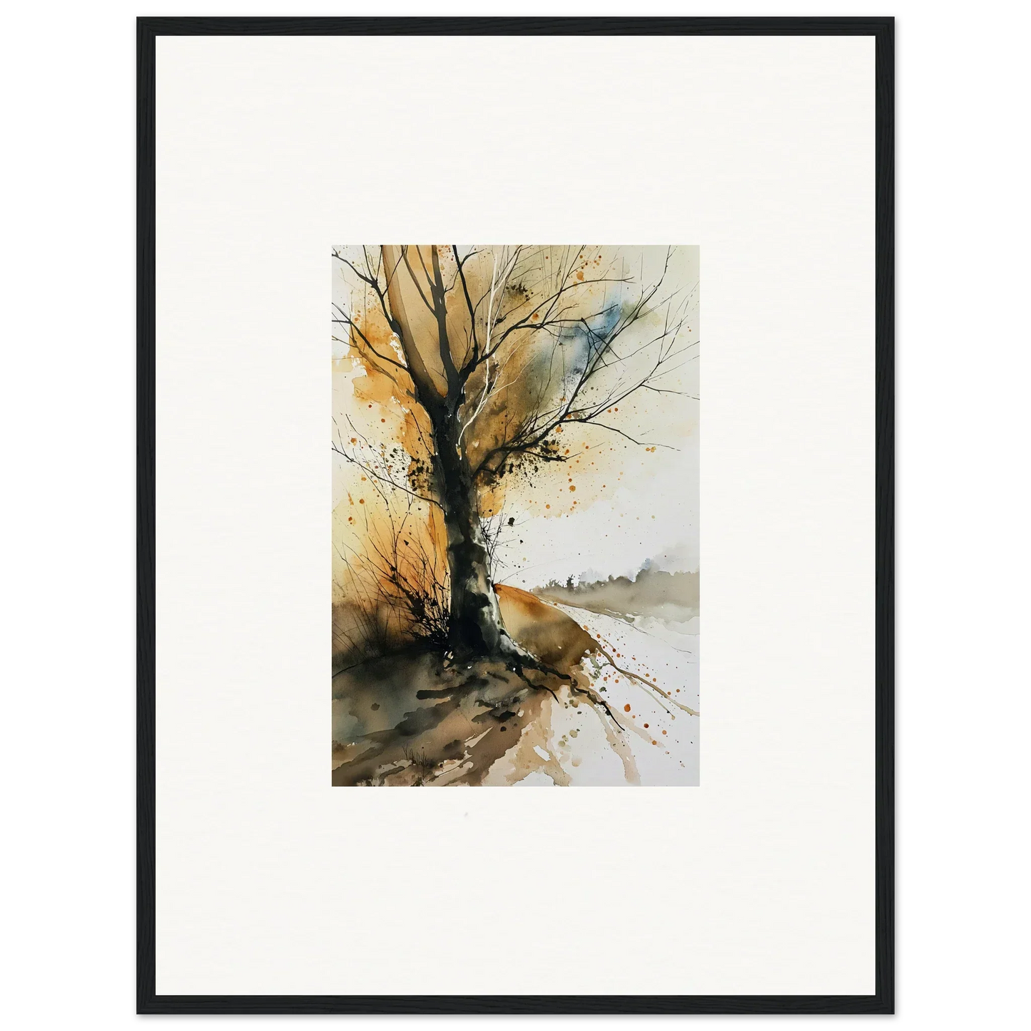 Watercolor painting of a bare tree in autumn colors for stylish room decoration