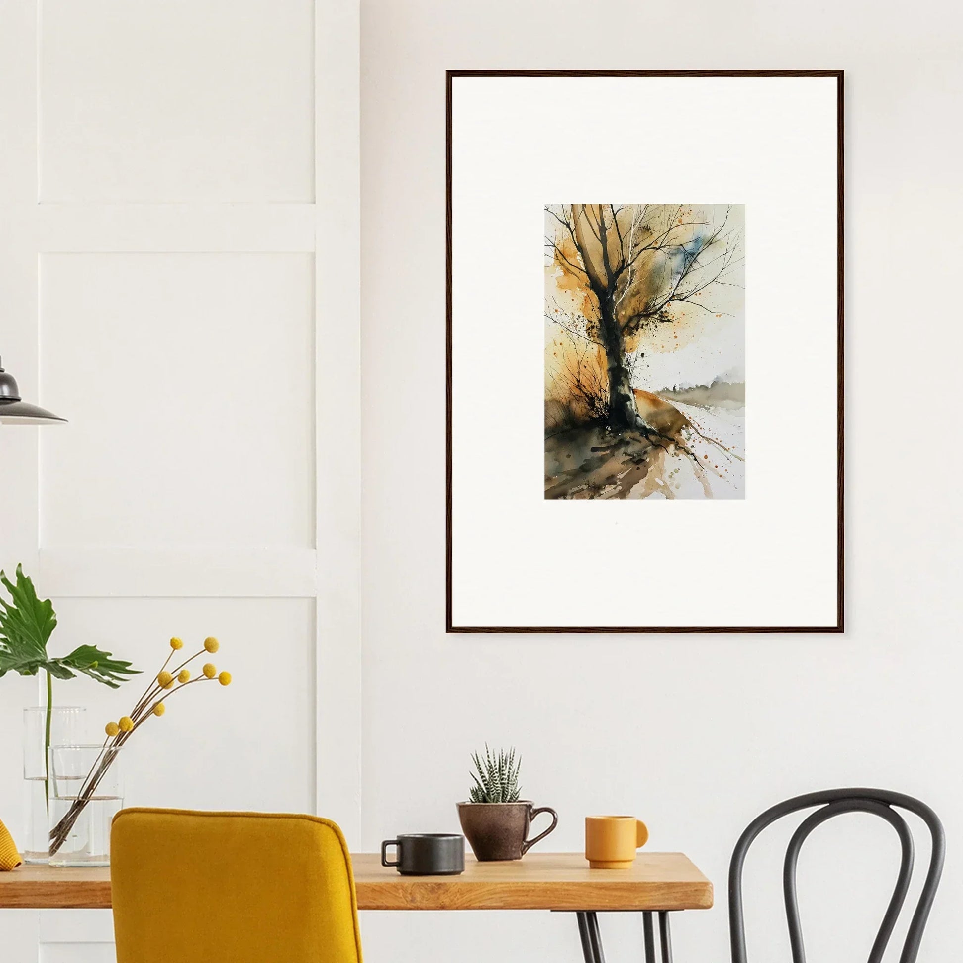 Framed watercolor tree artwork in autumn colors, perfect for room decoration or wall art