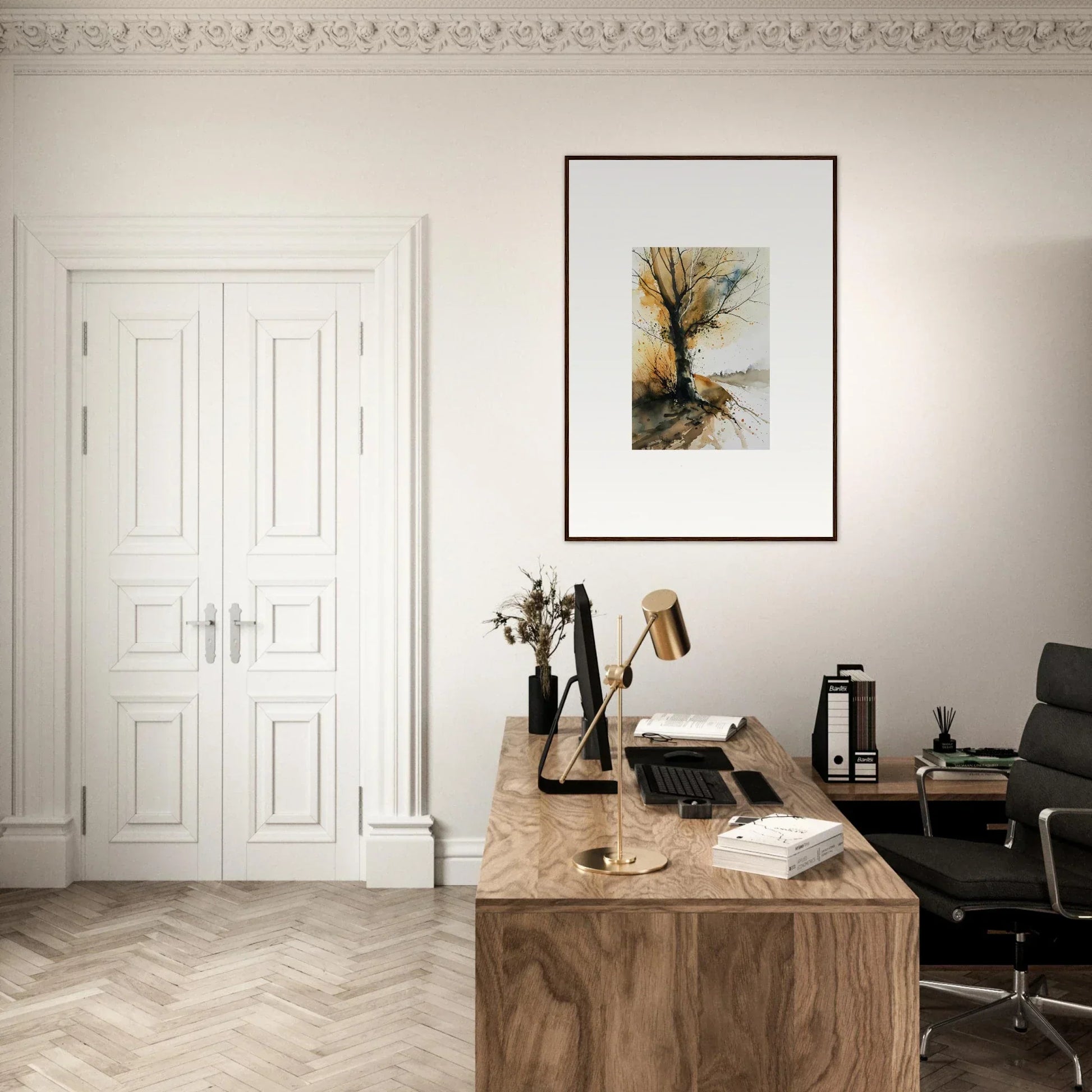 Minimalist workspace with a wooden desk, typewriter, books, and stylish room decoration