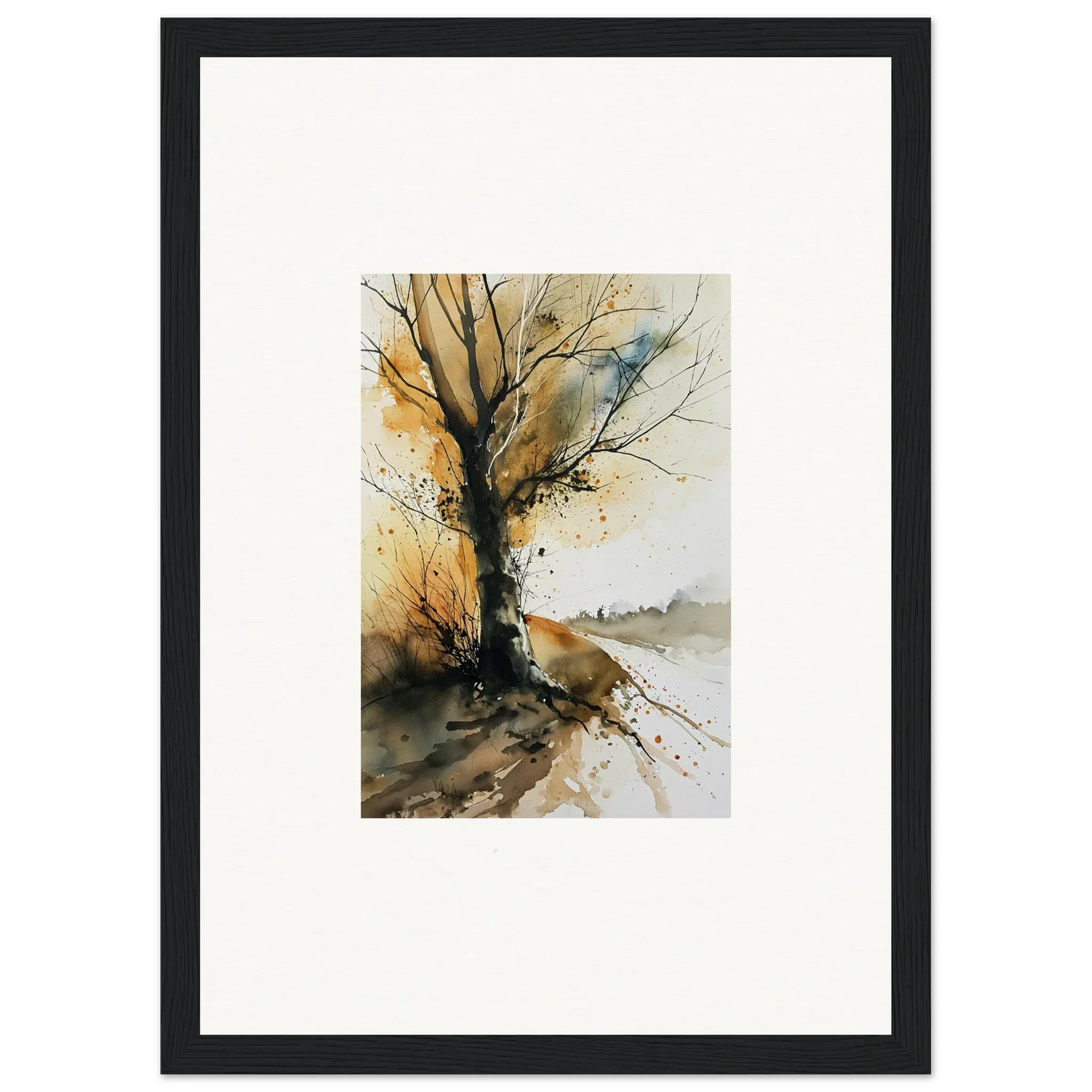 Watercolor wall art of a bare tree with autumn foliage, perfect for room decoration