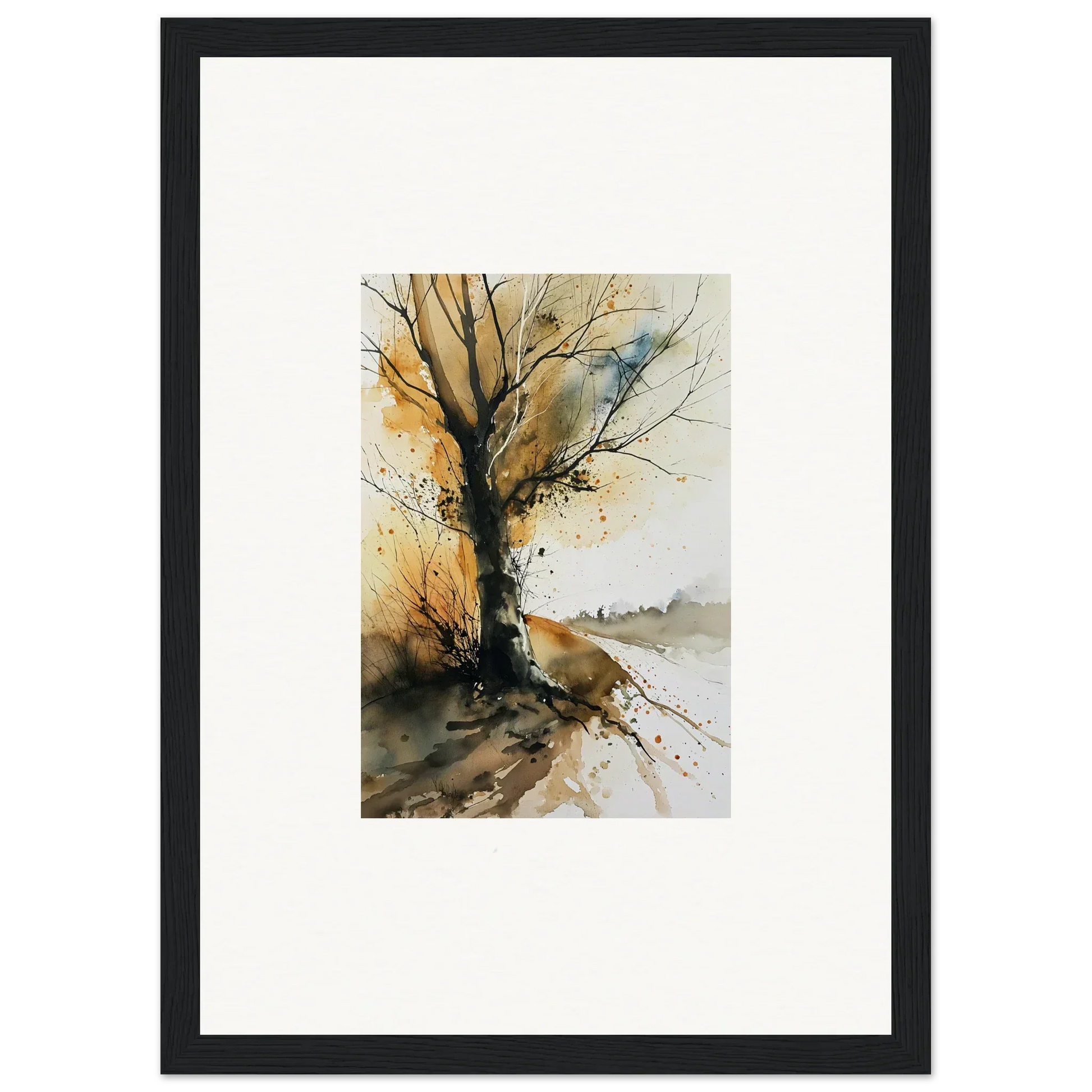 Watercolor wall art of a bare tree with autumn foliage, perfect for room decoration