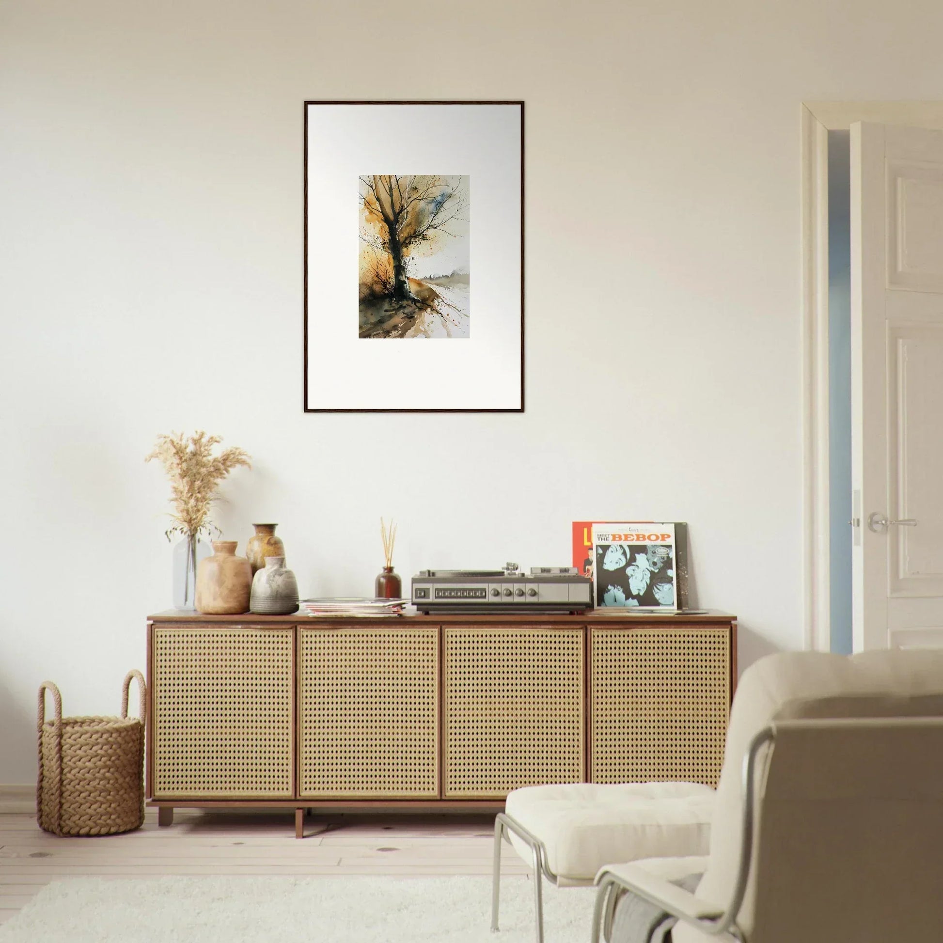 Wooden sideboard with cane doors perfect for stylish room decoration and wall art display