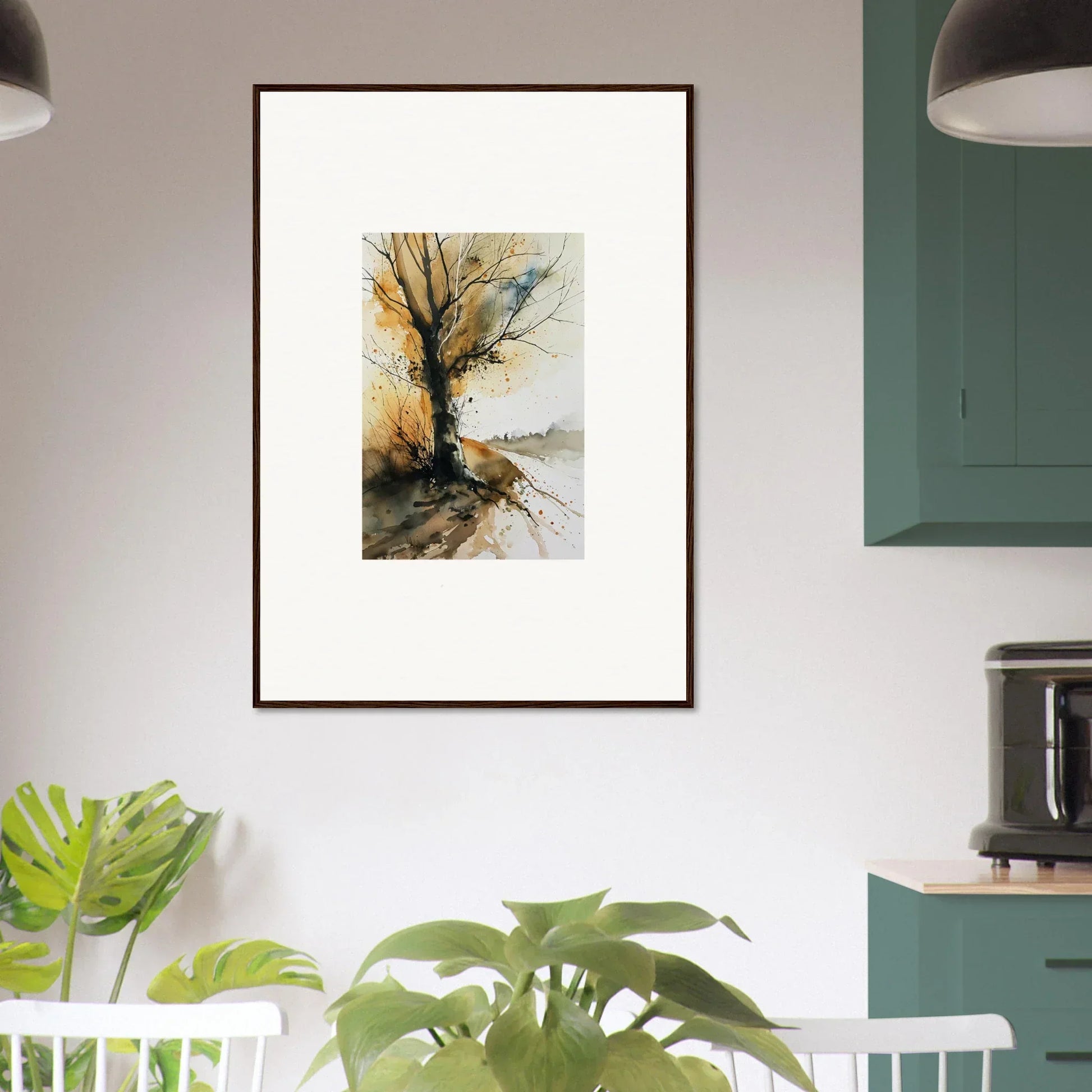 Framed watercolor wall art of a bare tree with autumn foliage for chic room decoration