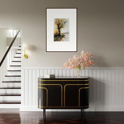 Elegant black and gold console table perfect for chic room decoration and stylish wall art