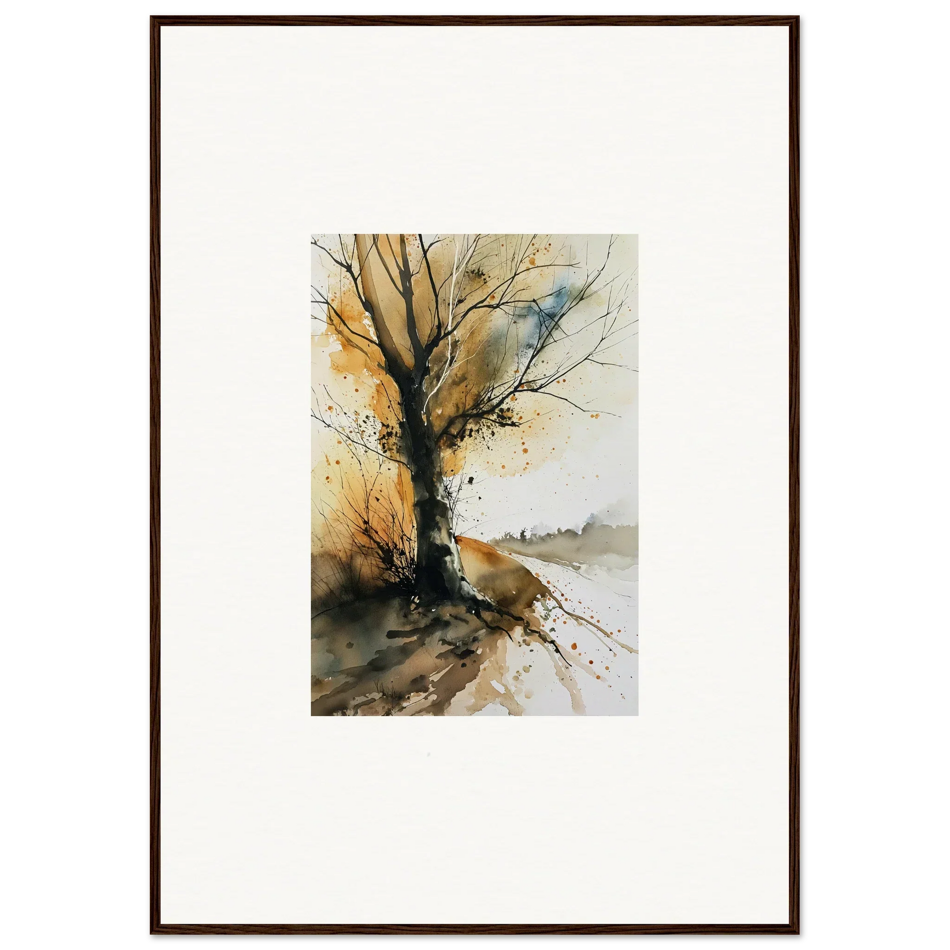 Watercolor canvas print of a bare tree with autumn foliage, perfect wall art for room decoration