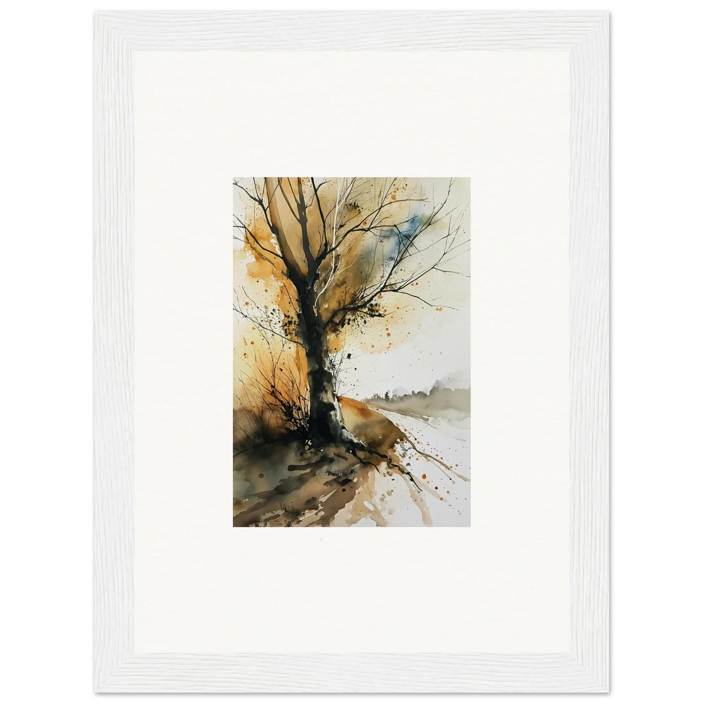 Watercolor wall art of a bare tree with autumn colors, perfect for room decoration