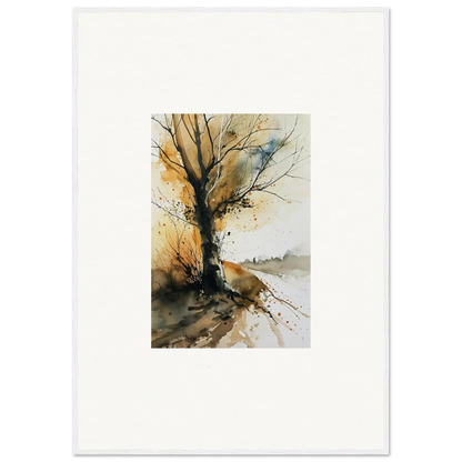 Watercolor canvas print of a bare tree with autumn colors for unique wall art