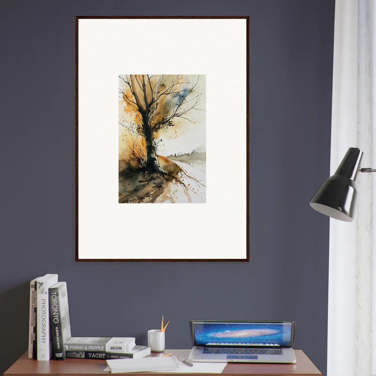 Framed watercolor wall art of a bare tree by water for stylish room decoration