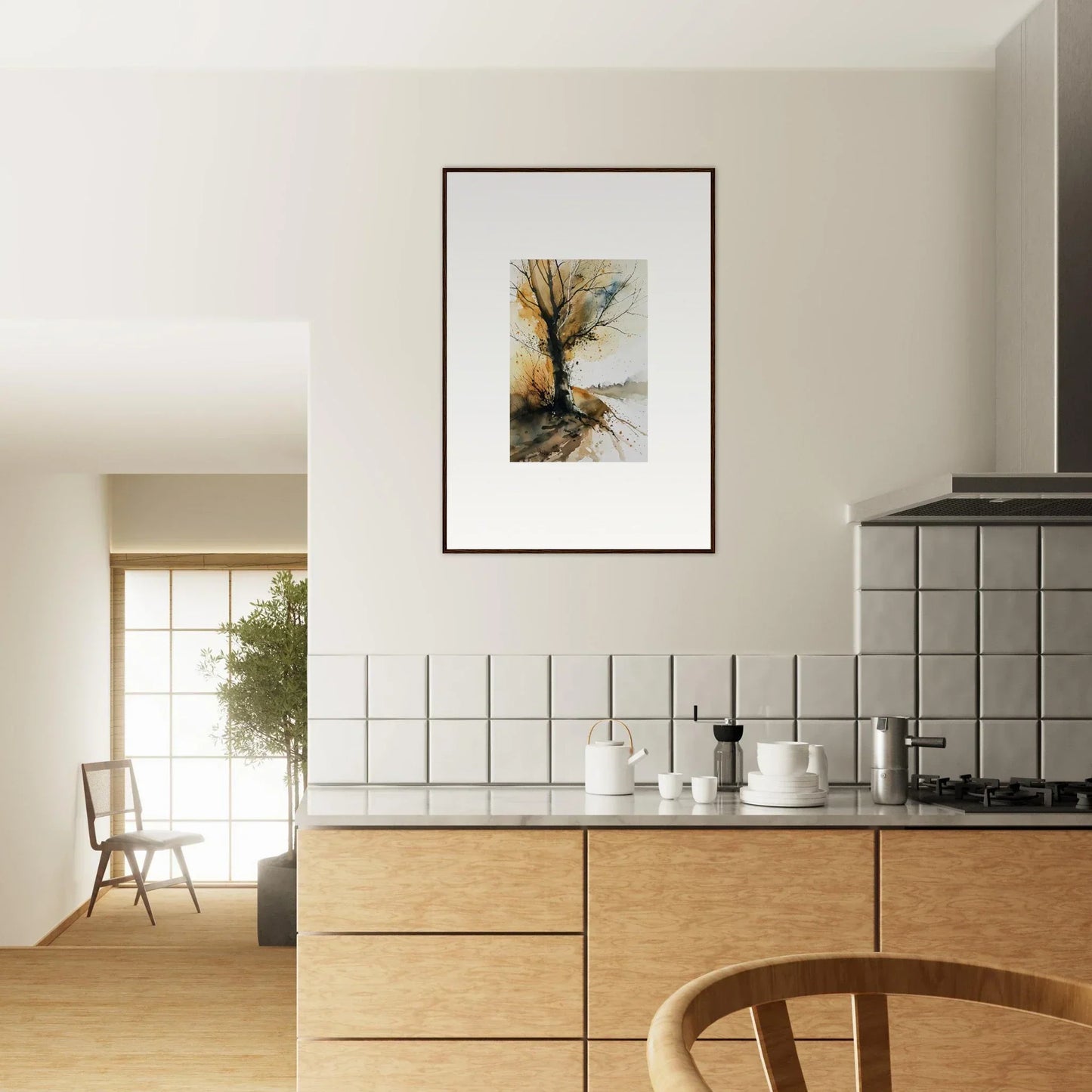 Modern kitchen with wooden cabinets and tree canvas print wall art for room decoration