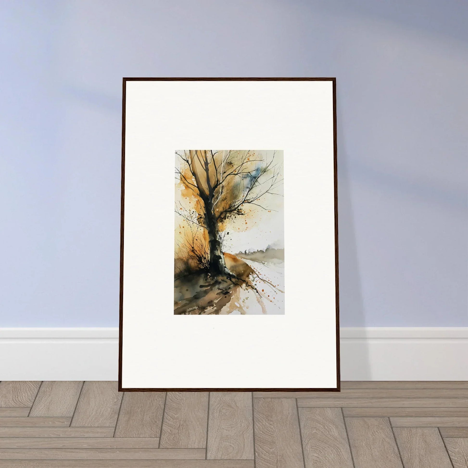 Framed watercolor wall art of a bare tree by water, perfect for room decoration