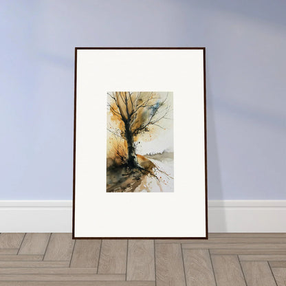 Framed watercolor wall art of a bare tree by water, perfect for room decoration