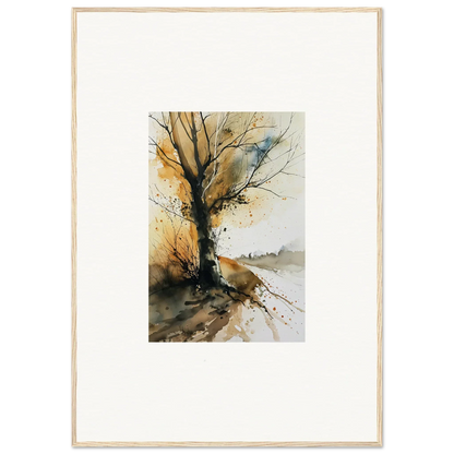 Watercolor canvas print of a bare tree with autumn leaves and a blue bird for room decoration