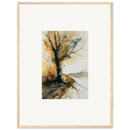 Framed watercolor painting of a bare tree in autumn colors for stylish room decoration