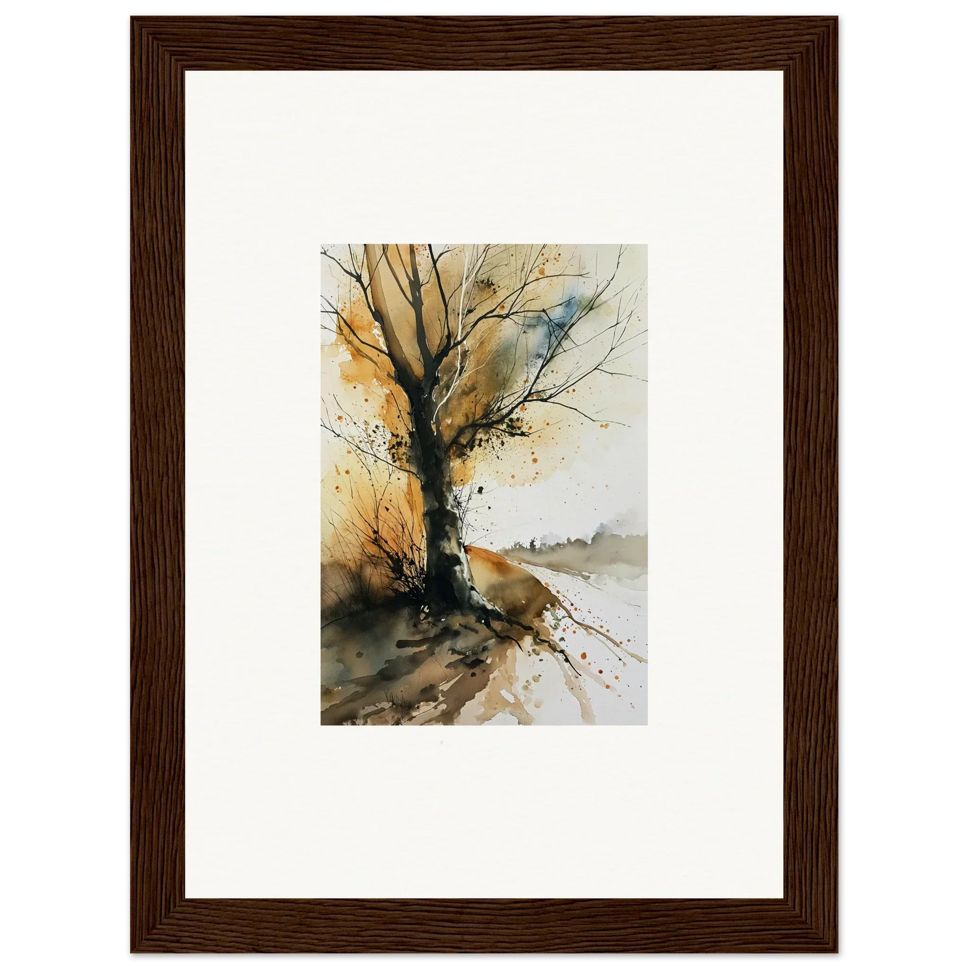 Watercolor painting of a bare tree with autumn colors, perfect wall art for room decoration