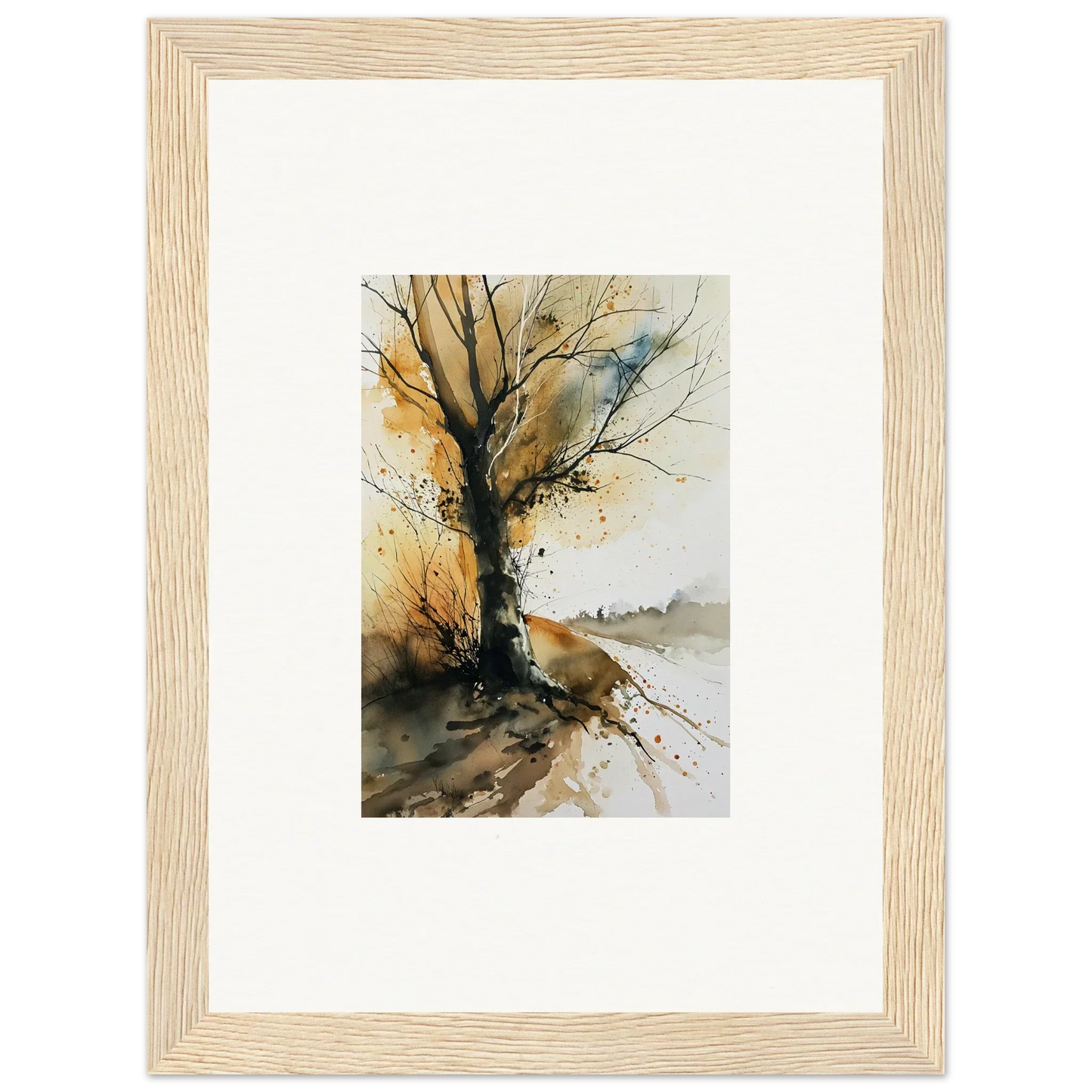 Watercolor canvas print of a bare tree with autumn colors for stylish room decoration