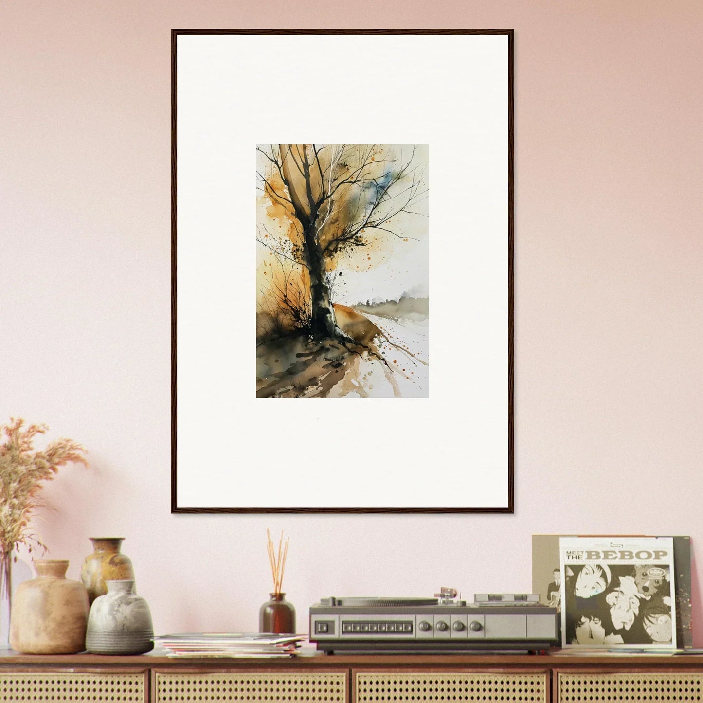 Framed watercolor painting of a bare tree, perfect for room decoration as wall art